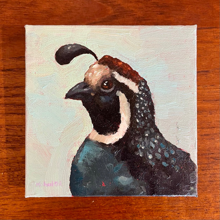 Small oil painting of a quail against a turquoise background