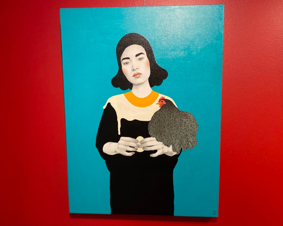 oil painting of a woman holding a hen and an egg with turquoise background