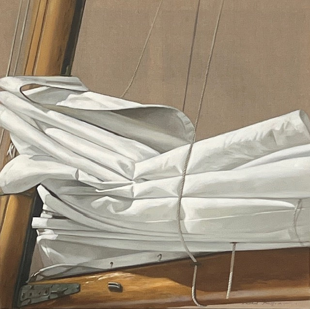 photorealist oil painting of a folded white sail with linen background