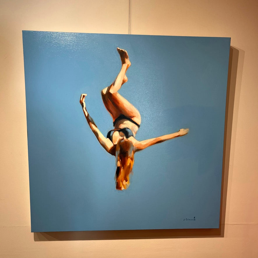 Oil painting by Elizabeth Lennie of a woman in a dark bikini flipping in the air with light blue sky behind