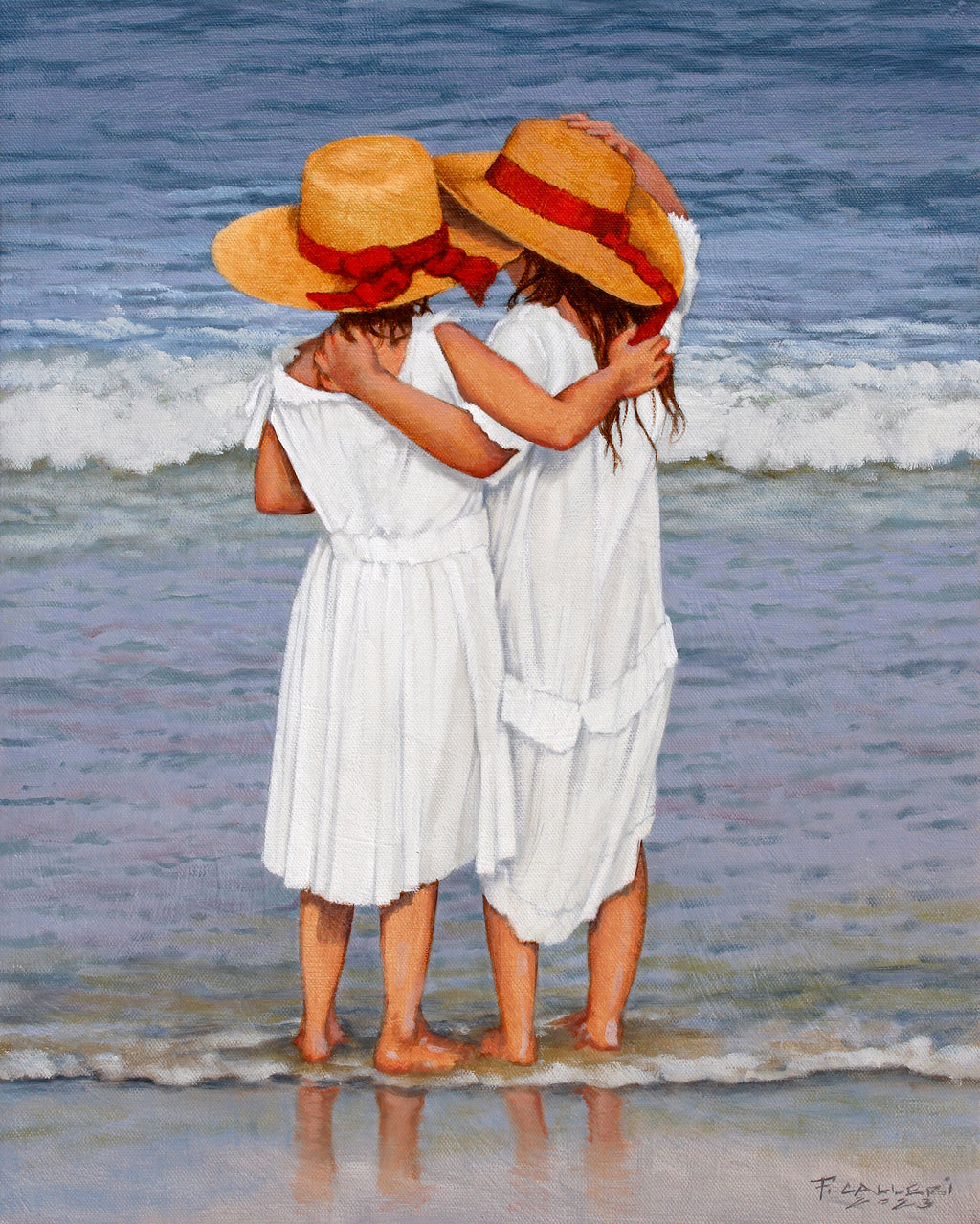 oil painting of two little girls at the shore in white dresses and beach hats with red ribbon