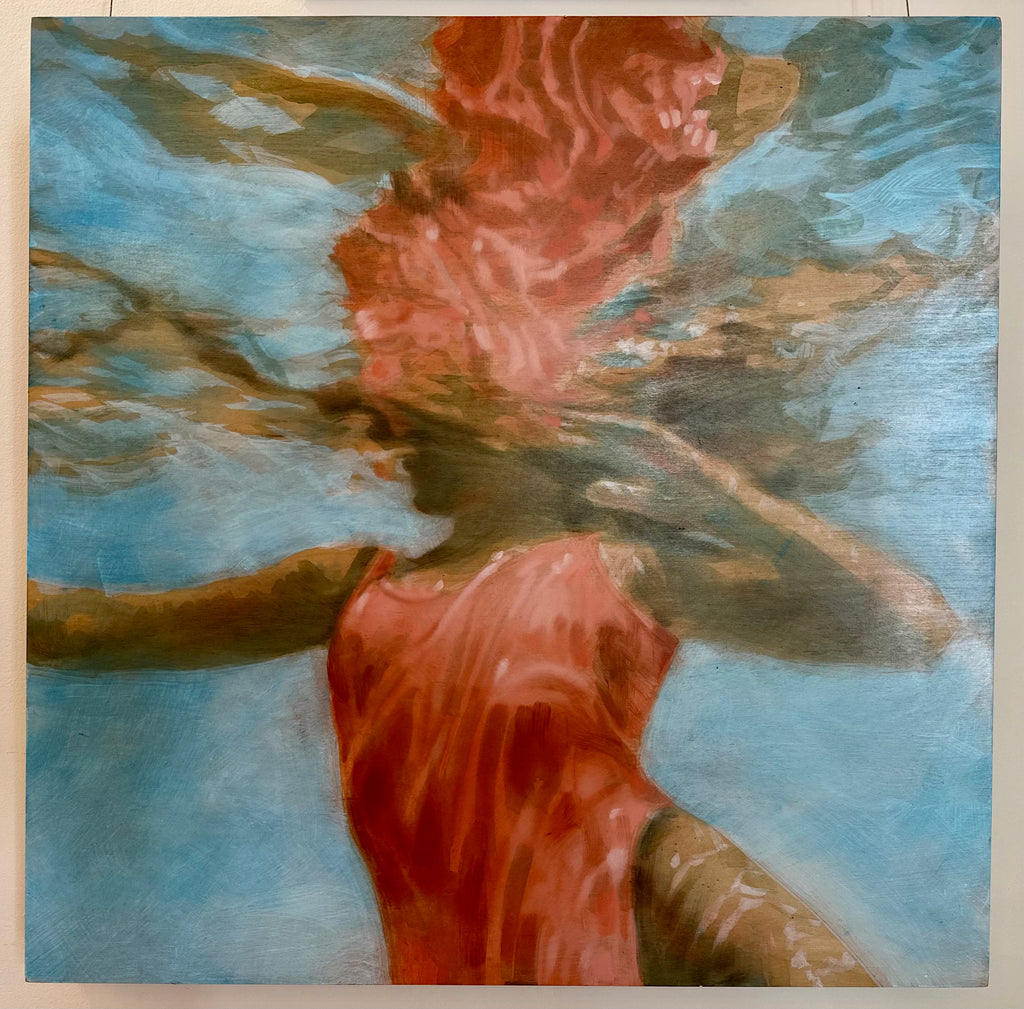 Underwater oil painting of a girl wearing a pink swimsuit suspended in the water with bright water reflections