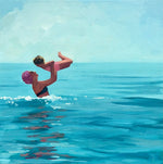 oil painting of a woman holding a child in the air over the ocean