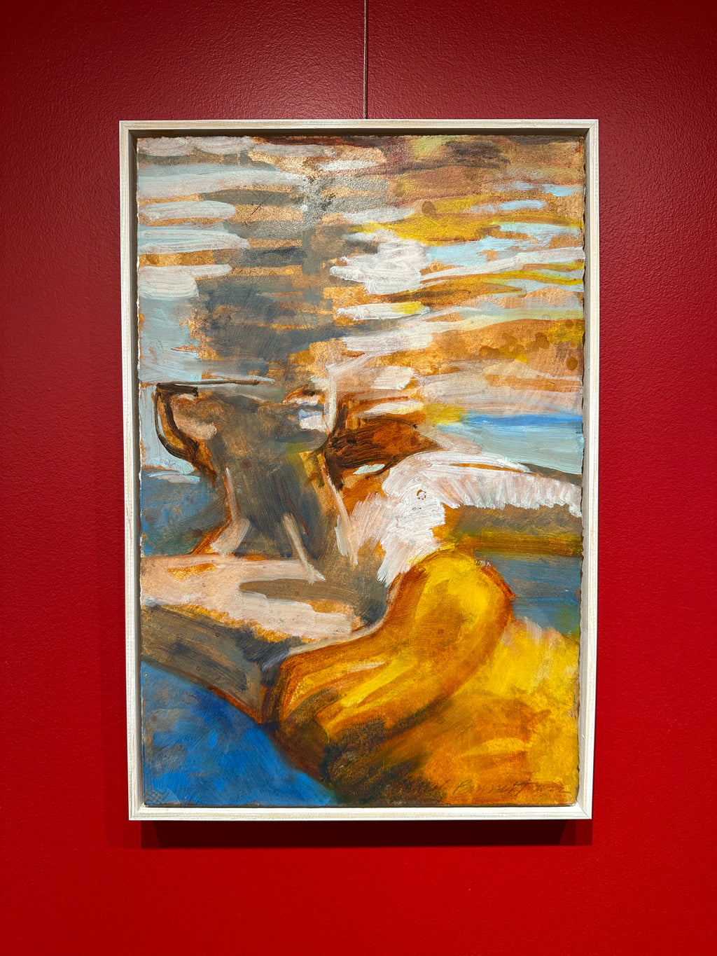 abstract contemporary oil painting of a woman in ochre suit swimming in turquoise water