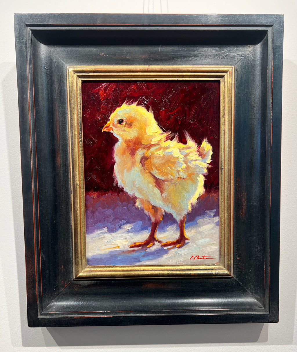 Oil on panel painting of a chick in slight left profile.