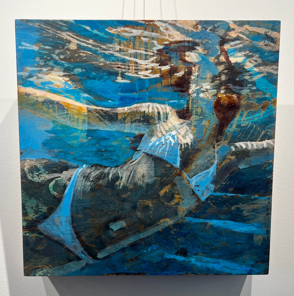 Underwater oil painting of a swimmer looking up at the water's surface wearing a white bikini by Carol Bennett