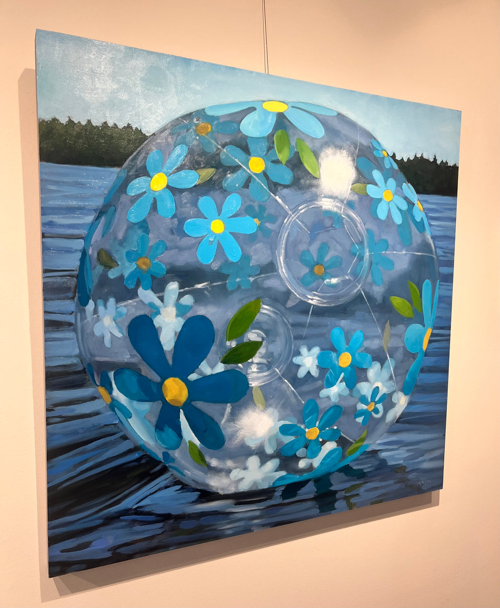 oil painting of a clear beach ball with blue flowers floating on water