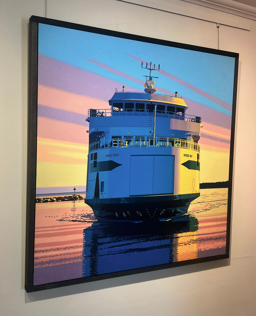 photorealist oil painting of a ferry boat on the water, sunset