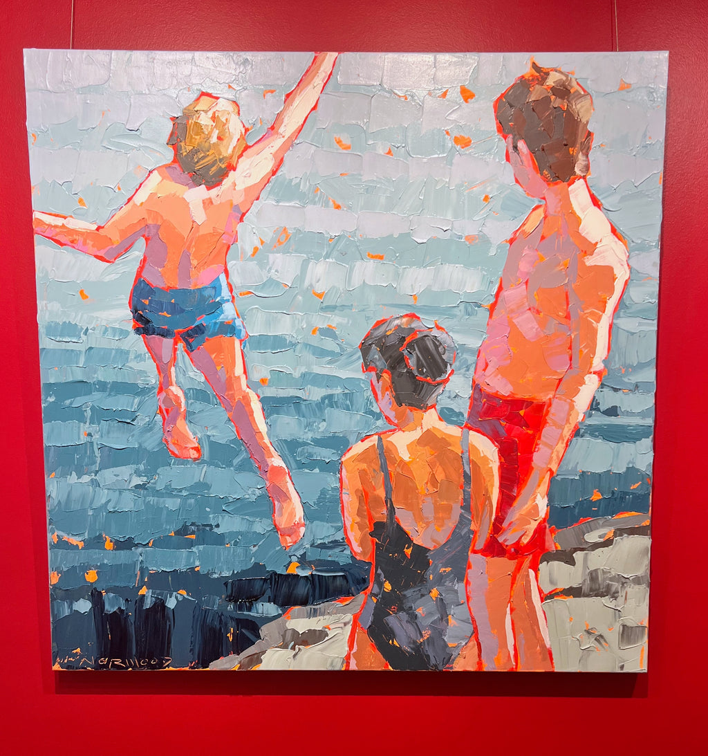 abstract figurative acrylic painting of kids jumping into water