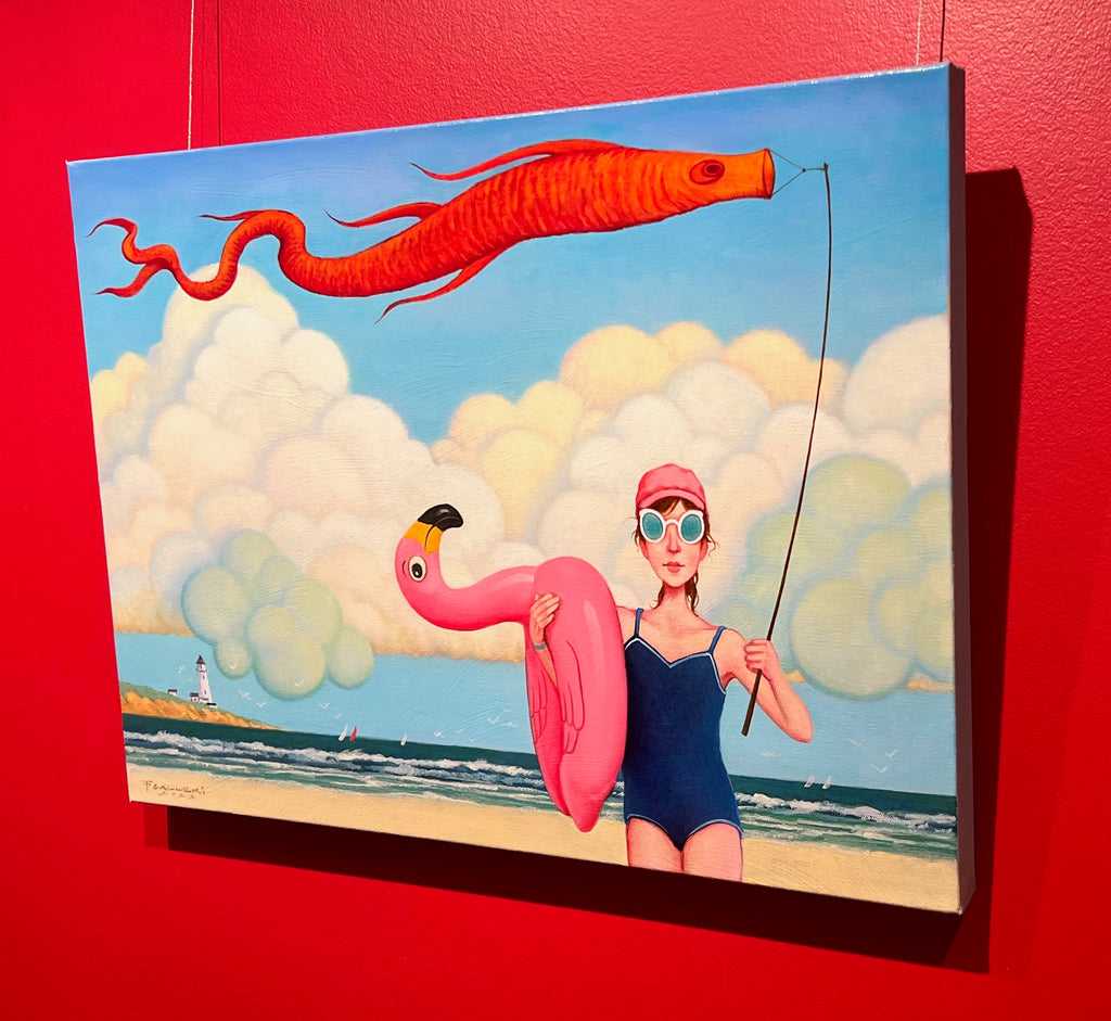 Oil painting of a girl on the beach with a flamingo floaty 