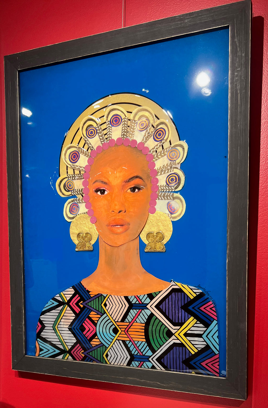 Janice Frame painting of a woman with a purple head dress and blue background