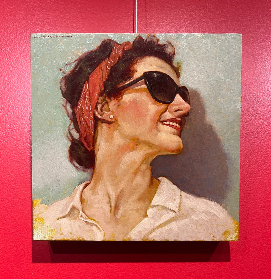 oil painting woman wearing red bandana and red lipstick short brown hair sunglasses fine art