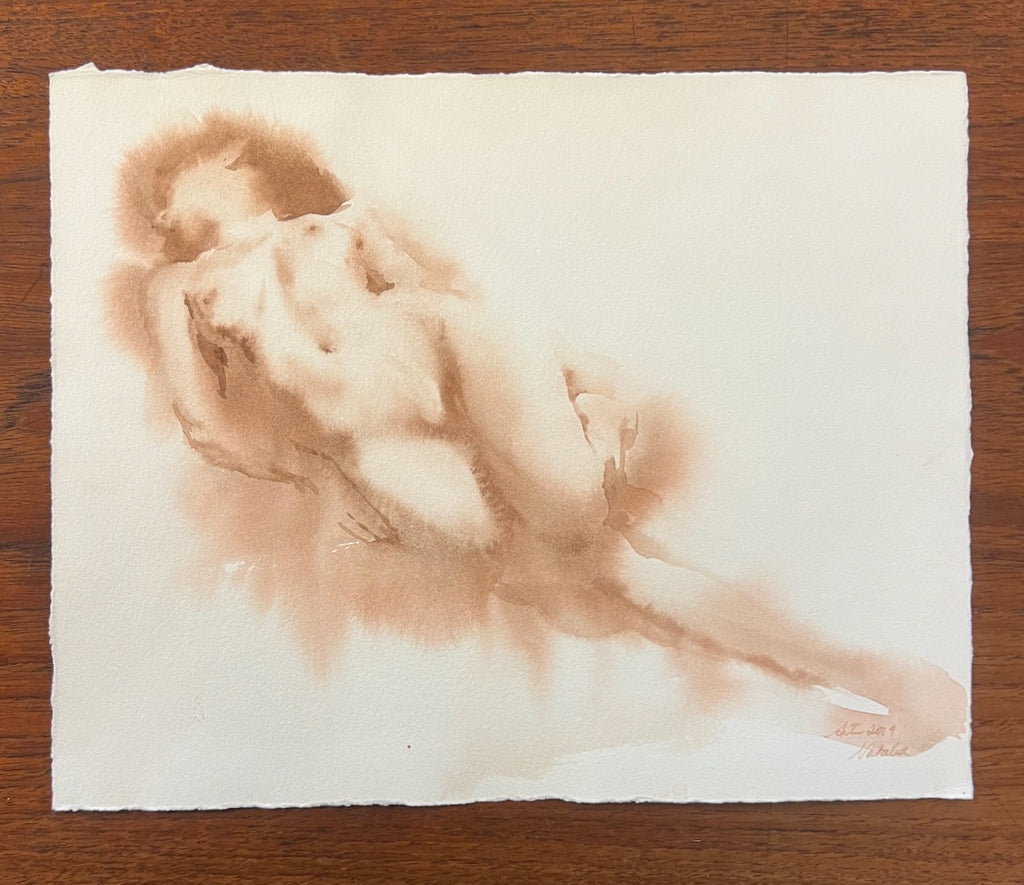 Watercolor painting by Wendy Artin of a nude woman laying on her back with legs tucked beneath her and head turned to the side