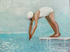 female swimmer white bathing suit cap diving board blue water pool