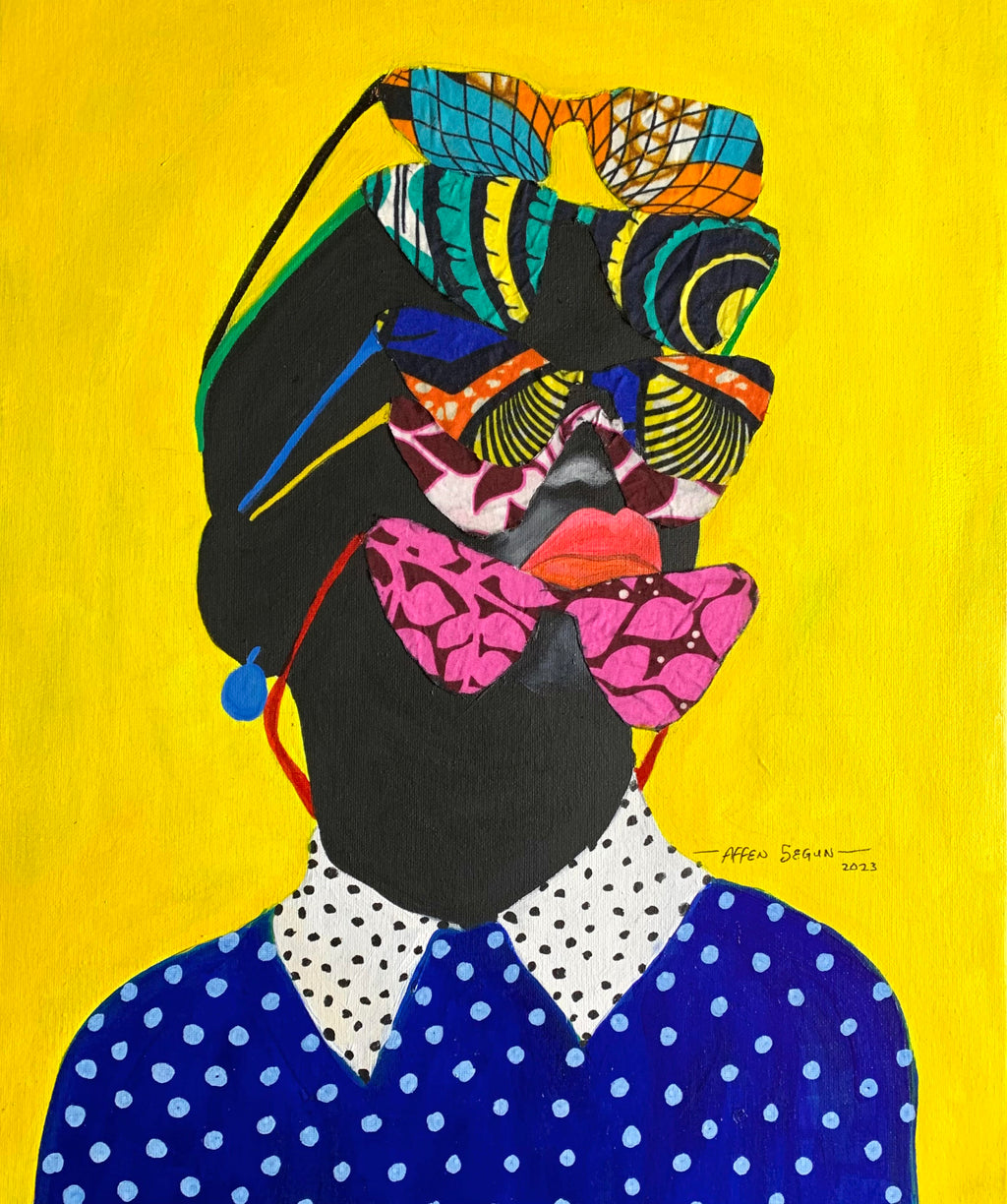 Colorful portrait of a young Black woman wearing African print sunglasses