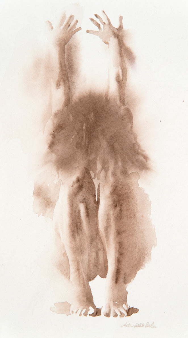 Nude watercolor painting by Wendy Artin of a man with hand above his head and knees tucked to his chest