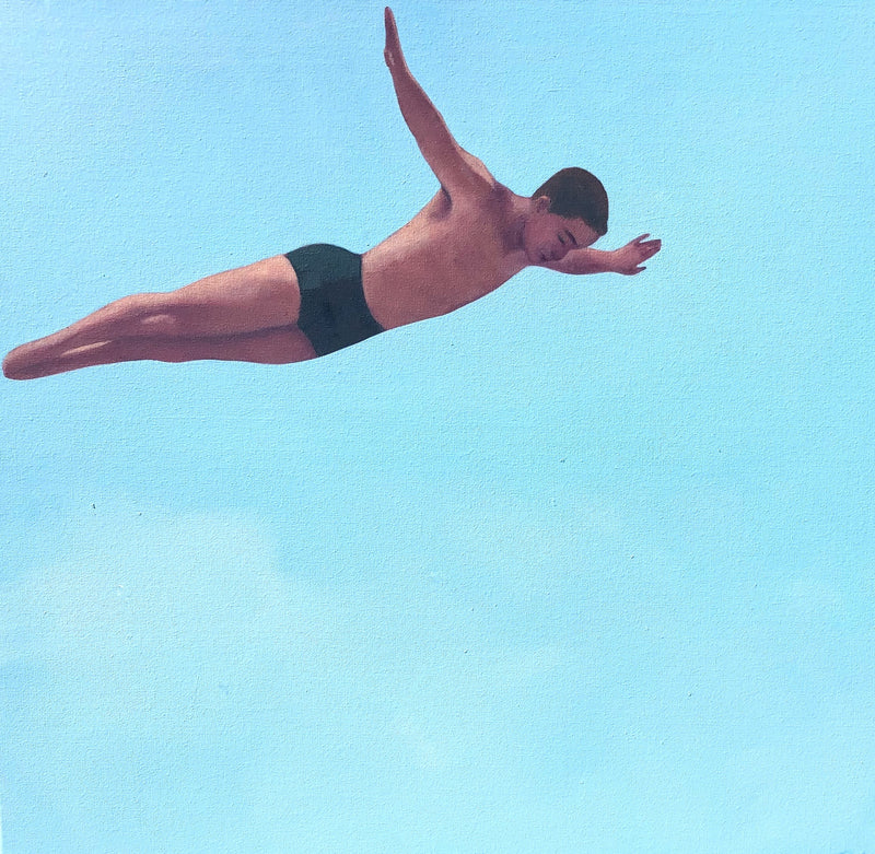 Oil on canvas painting of a man in a bathing suit diving with a blue sky background