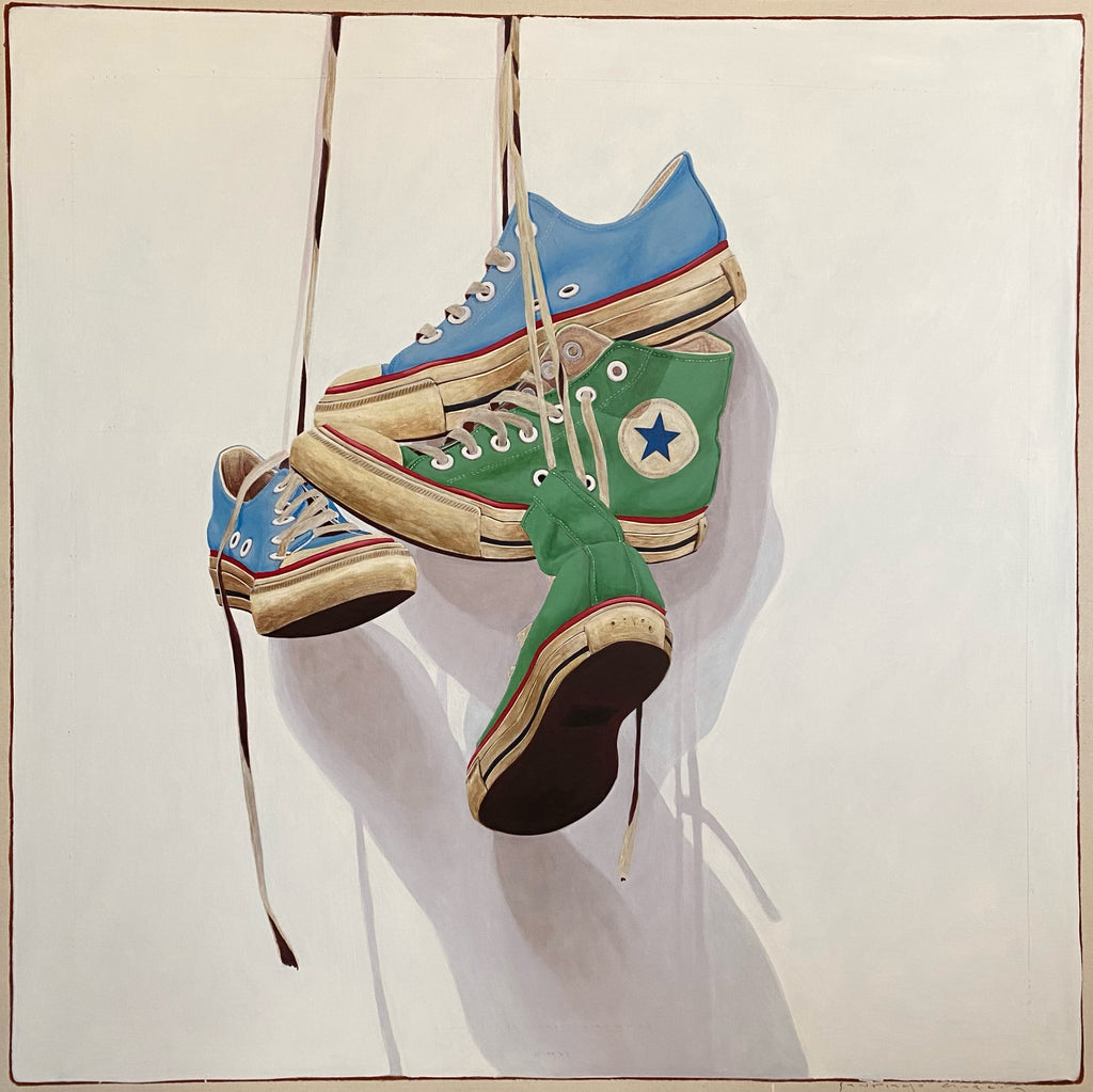 Contemporary acrylic painting of blue and green converse sneakers