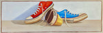 horizontal oil painting of red, yellow, and blue low top converse sneakers on two shades background 