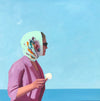 Oil on canvas painting of a woman in silhouette wearing a headscarf and sunglasses holding an ice cream cone with the ocean and sky in background. Her clothing is pink and the sky and sea are shades of blue.
