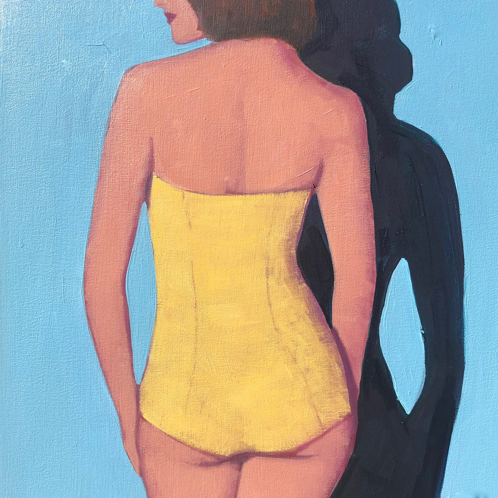 Oil on canvas painting of a woman in full piece yellow bathing suit contrapposto with her head turned to the left