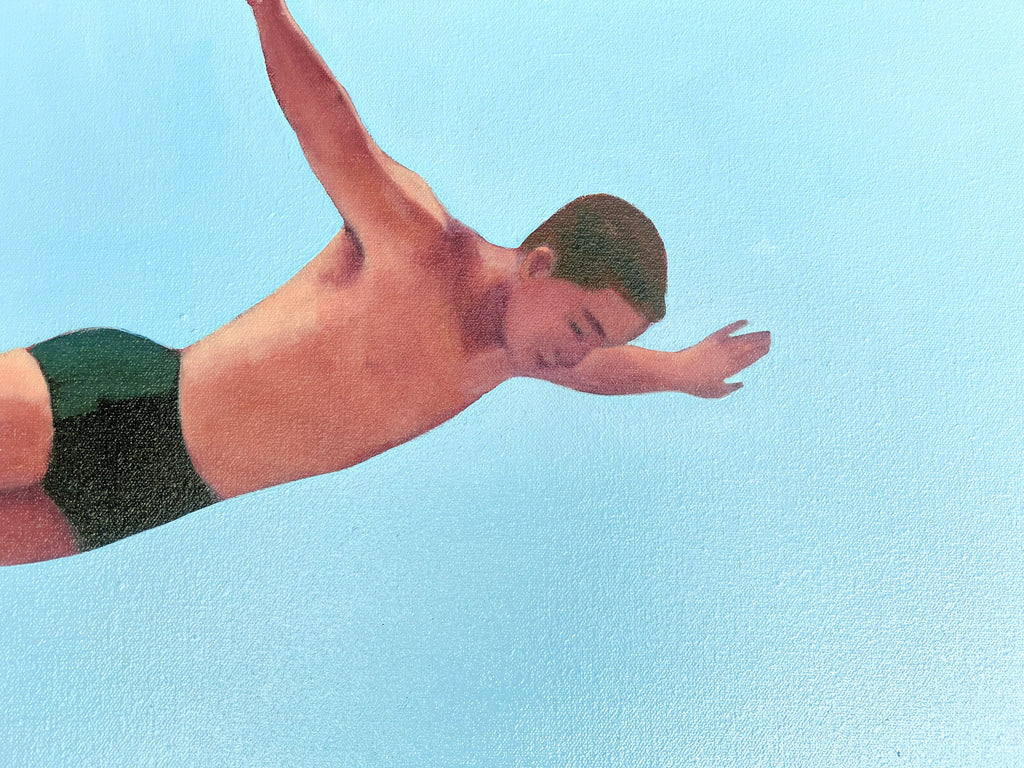 Oil on canvas painting of a man in a bathing suit diving with a blue sky background
