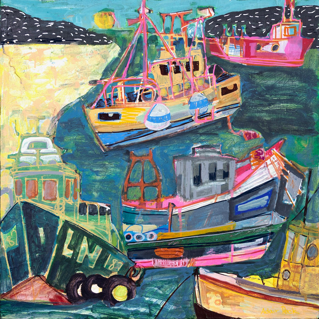 colorful mixed media painting of fishing boats Martha's Vineyard