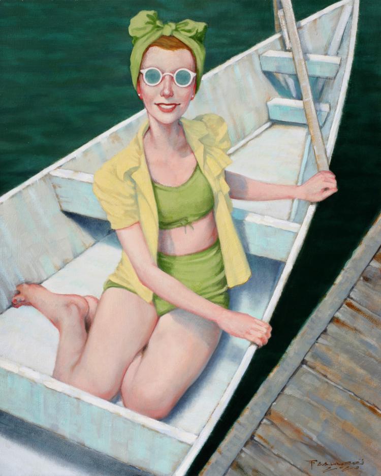 Figurative oil painting by Fred Calleri of a woman sitting in a row boat wearing a vintage green swimsuit, yellow sort sleeve shirt, green bandana, and white rimmed sunglasses while smiling out at the viewer.