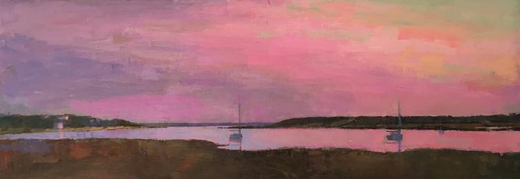 Oil painting by Larry Horowitz of a pink sunset over a lagoon with two white sailboats.