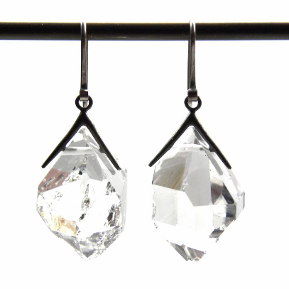 Hannah Blount quartz crystal dangle earrings with oxidized sterling silver