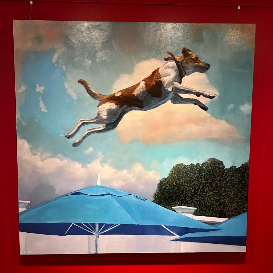 oil painting of a jack russell terrier dog jumping over umbrellas with blue sky and clouds