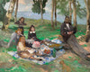 painting of a family and their dog having a picnic on the field by the ocean  
