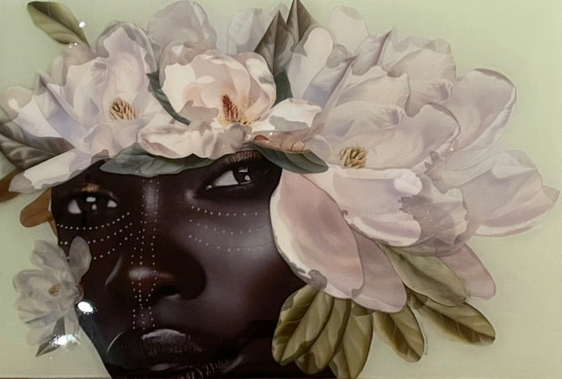 Close up mixed media of woman with flower crown against green backdrop