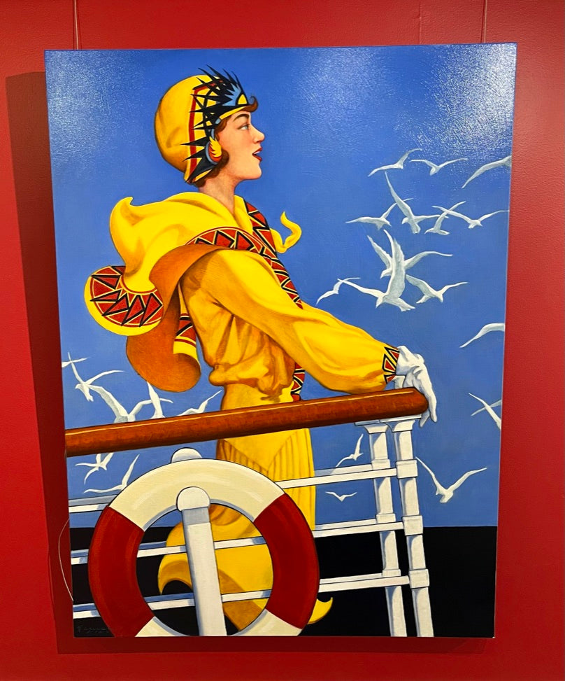 oil painting of woman in yellow jumpsuit and hat on a boat deckwith seagulls and blue sky behind