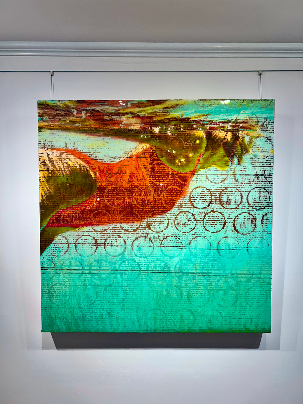 contemporary painting of a woman swimming in a red bathing suit
