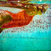 contemporary painting of a woman swimming in a red bathing suit
