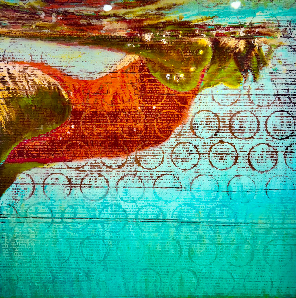 contemporary painting of a woman swimming in a red bathing suit
