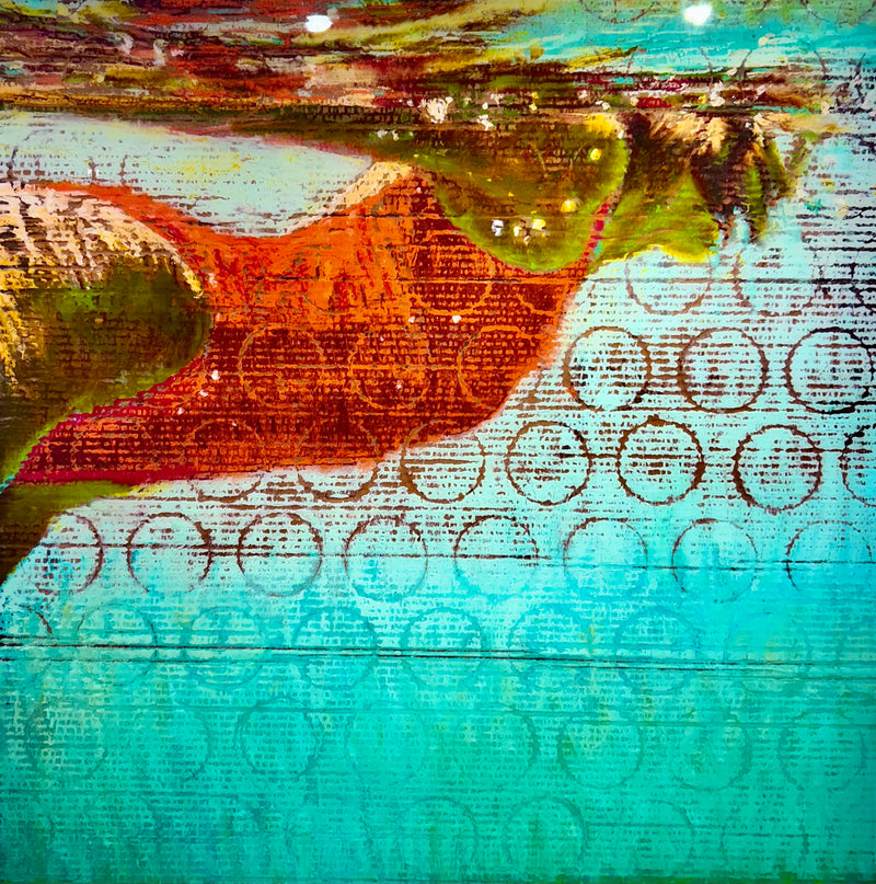 contemporary painting of a woman swimming in a red bathing suit