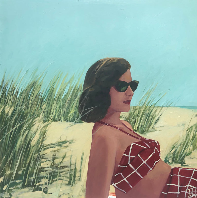 oil painting of a woman in vintage red bikini on the beach