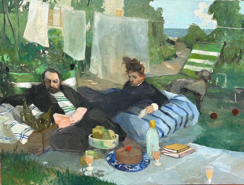 Italian painting of two men having a picnic by the blue green sea