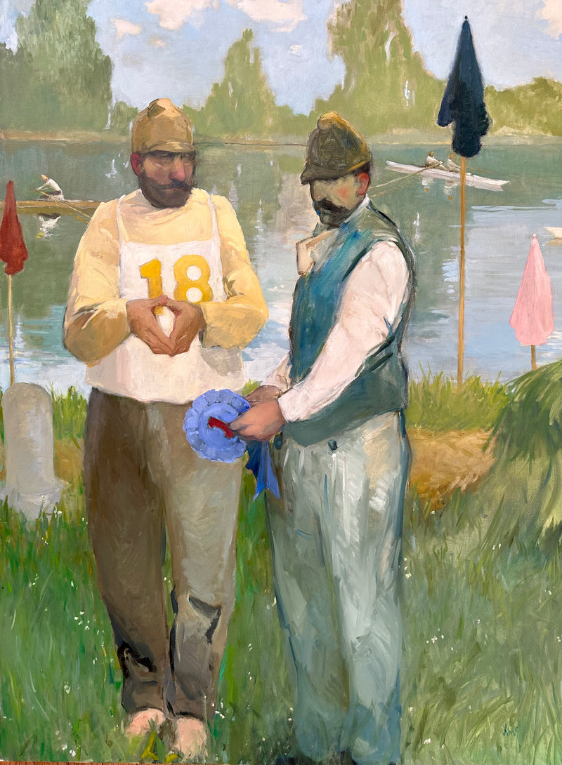 Oil painting of two men holding first place award by the lake