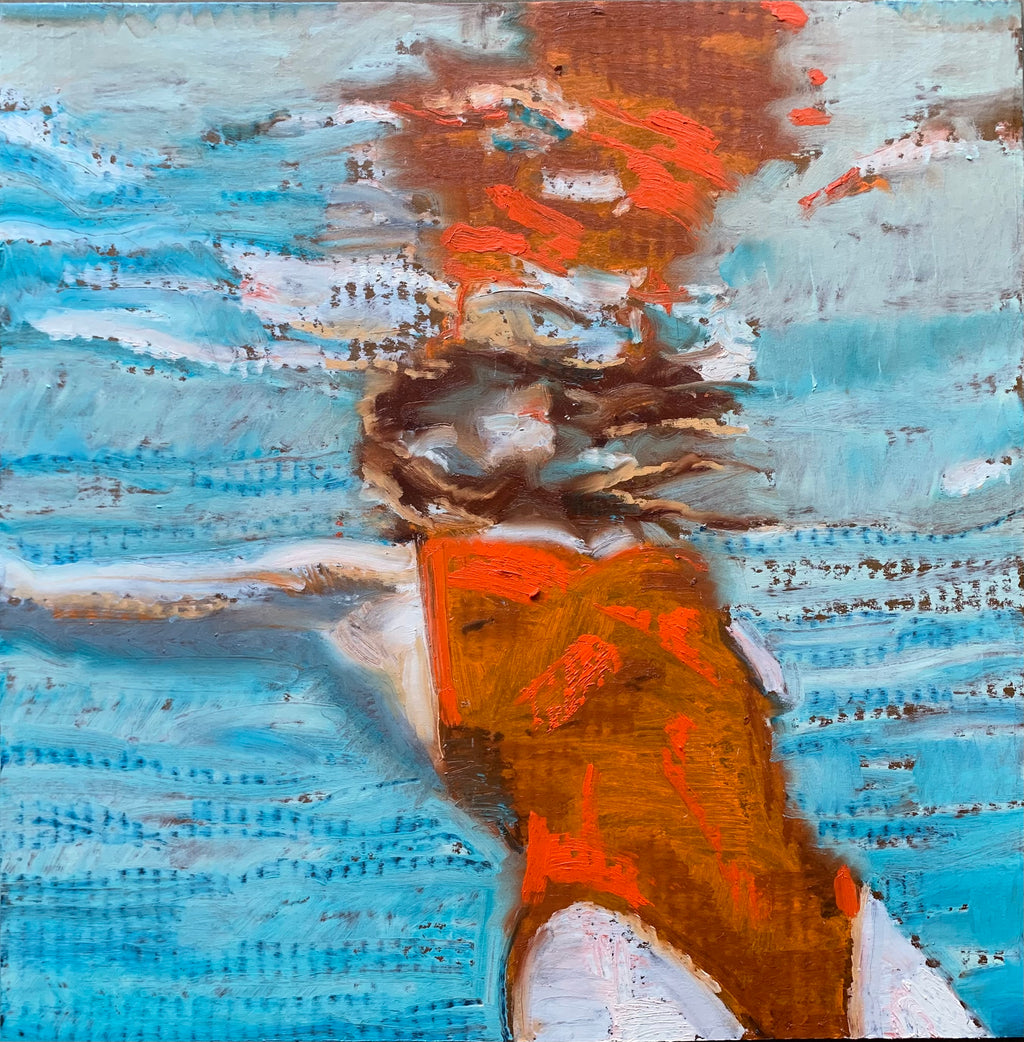 abstract oil painting of a woman in red bathing suit swimming in turquoise water