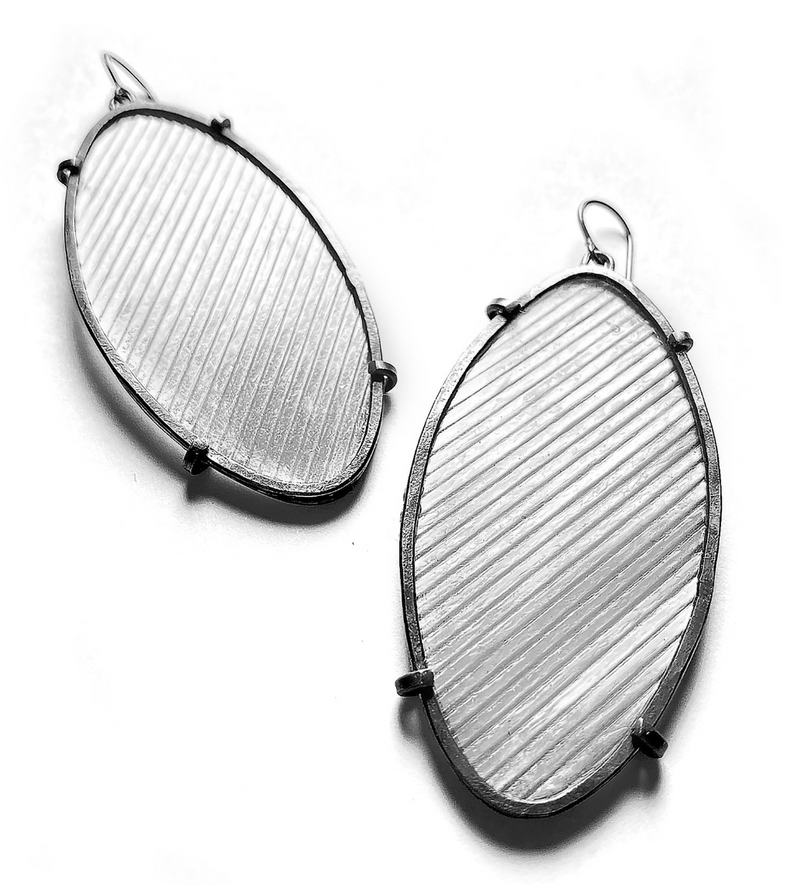 Oval hanging earrings, oxidized sterling silver