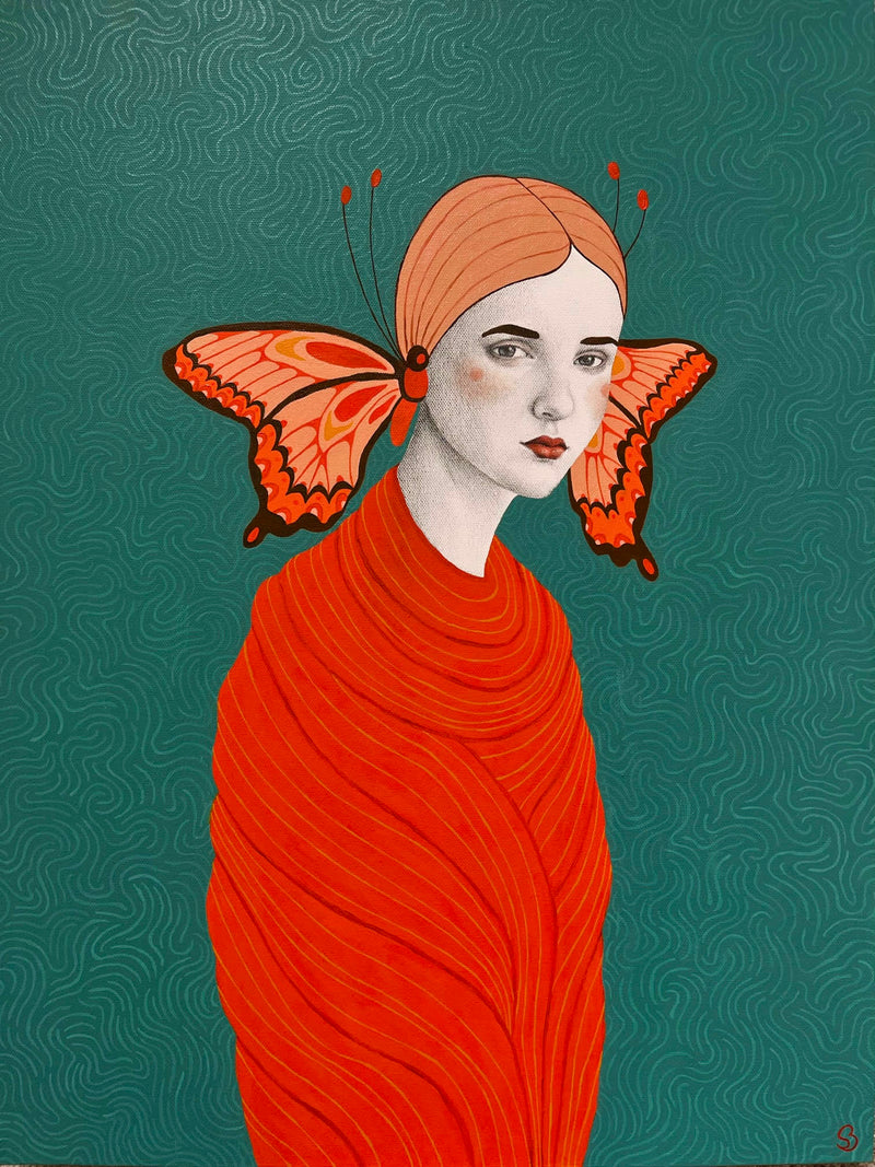 oil apinting of a woman wrapped in orange with orange butterfly wings by her ears