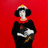 Mixed media painting of a woman holding a black hen with egg on her head and red background