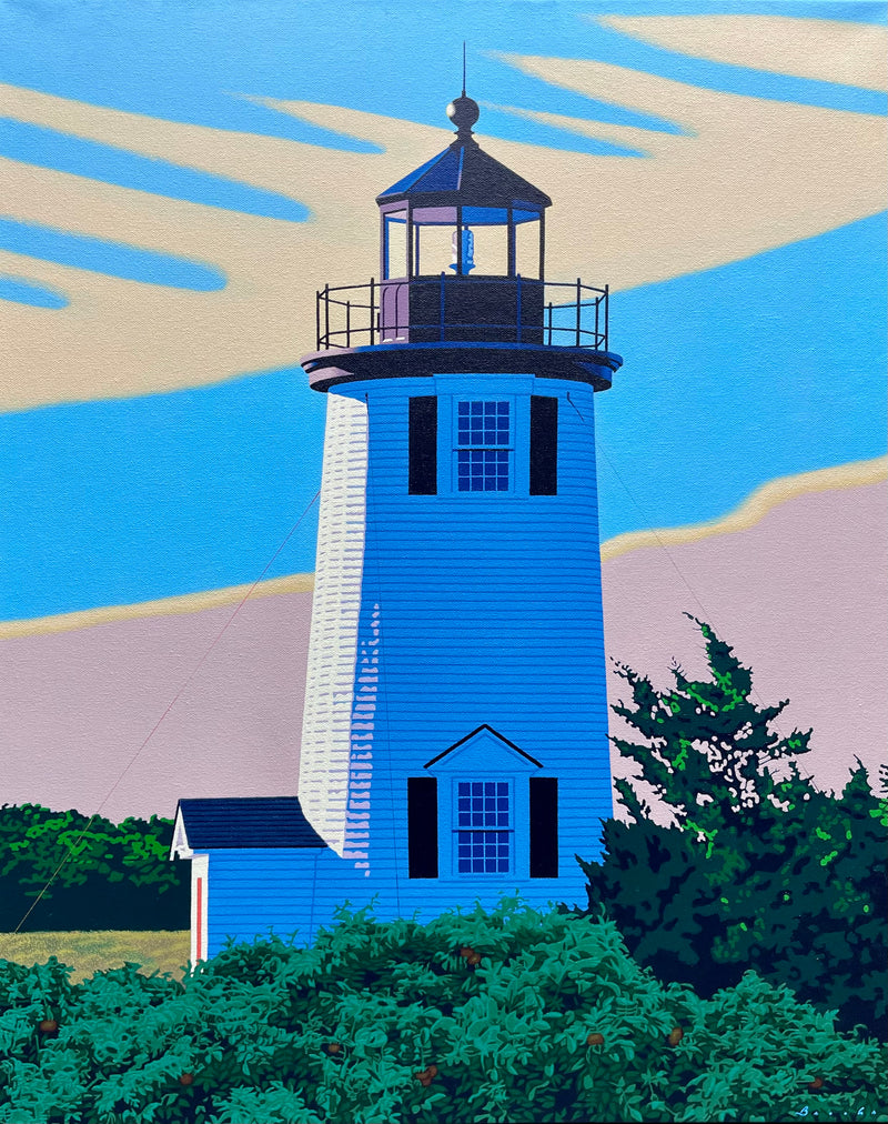 oil painting of a lighthouse with sunny skies 