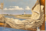 oil painting of a folded sail with Edgartown lighthouse and beach in the background