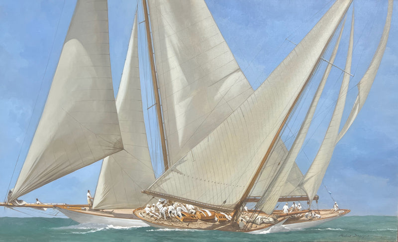 oil painting of sailboats racing in turquoise ocean