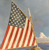 oil painting of an American Flag sail on a boat with lighthouse behind