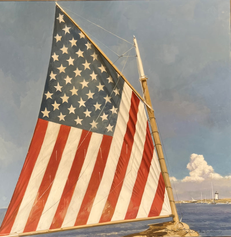oil painting of an American Flag sail on a boat with lighthouse behind